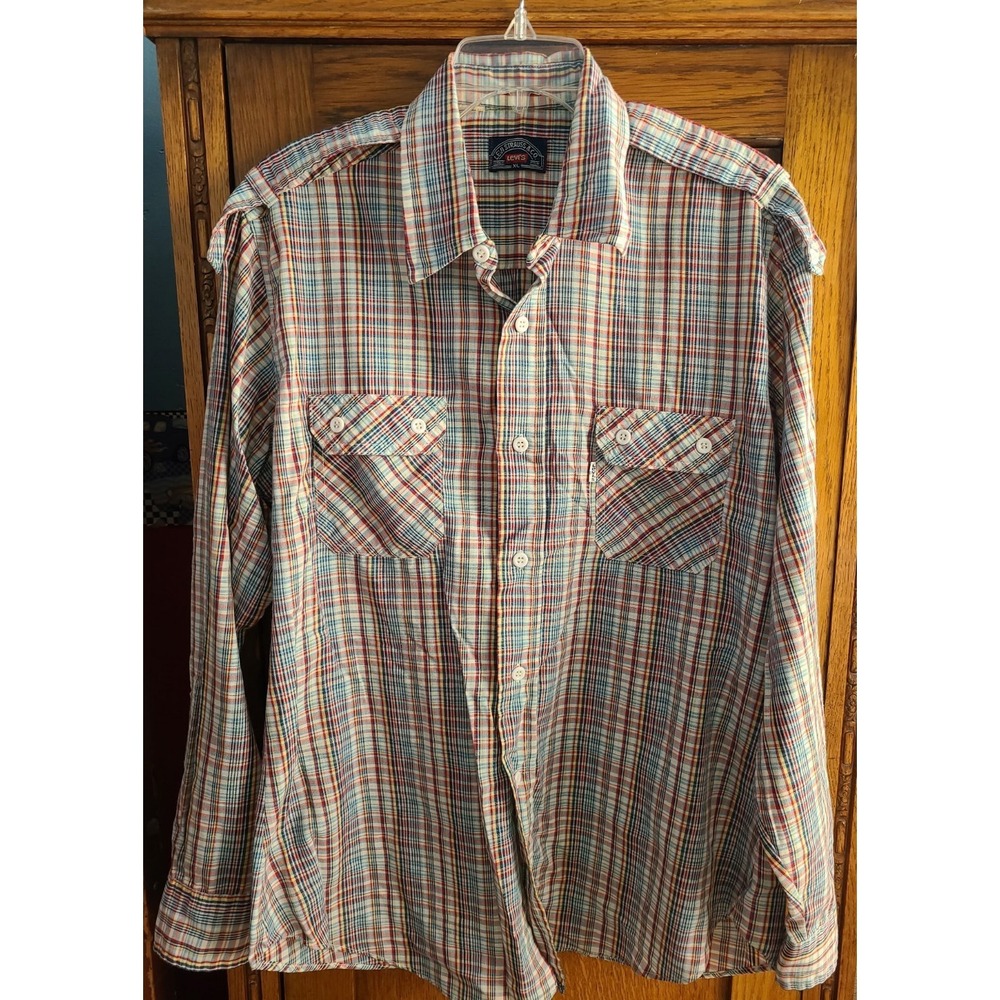 Vintage 70s LEVIS Red Blue Yellow Plaid Epaulet Mens Button Down Shirt L/S XL